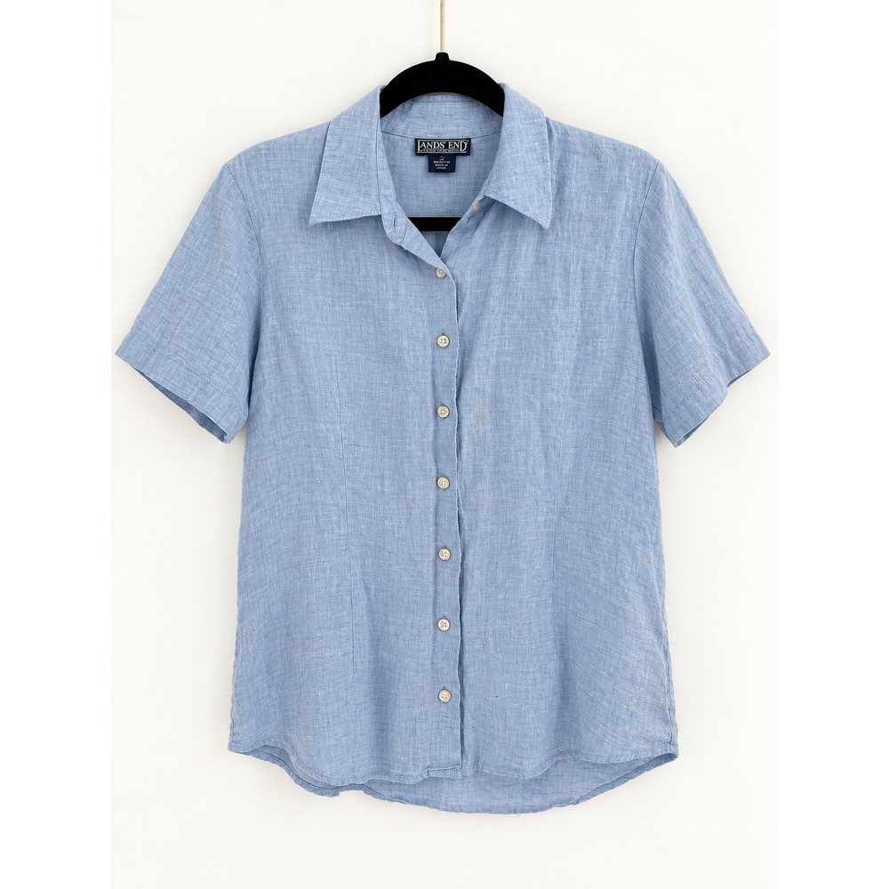 Lands End Button Down Shirt Womens 12 Blue Linen Short Sleeve Coastal Grandma